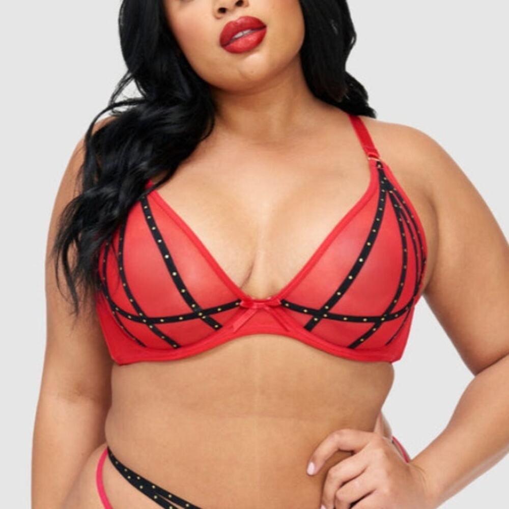 NWT! Frederick's Of Hollywood Rozlyn Mesh And Stud Full Figure Red Bra Size 32D